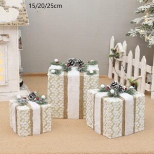 YH99032 Set of 3 Decorative Christmas Gift Boxes with Pine Cones & Berries,without lights – Holiday Decor for Indoor Display (15/20/25cm)