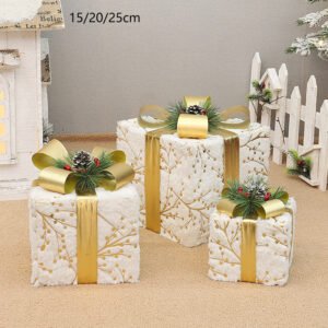 Set of 3 Elegant Christmas Gift Boxes with Gold Ribbon & Pine Accents,without lights – Perfect Indoor Holiday Decoration (15/20/25cm)