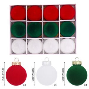 12-Piece Velvet Christmas Ornament Set – Classic Red, Green, and White Baubles for Holiday Tree Decoration (6cm)