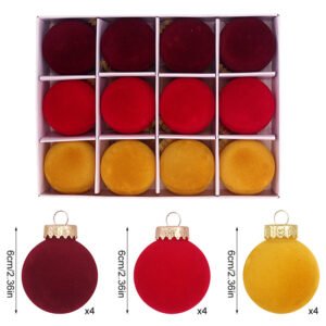 12-Piece Velvet Christmas Ornament Set – Classic Wine Red, Red, and Yellow Baubles for Holiday Tree Decoration (6cm)