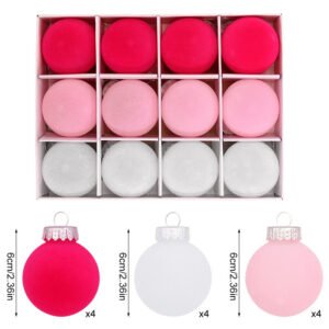 12-Piece Velvet Christmas Ornament Set – Classic Red, Pink, and White Baubles for Holiday Tree Decoration (6cm)