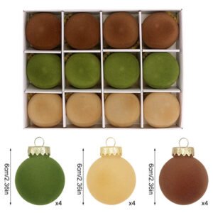 12-Piece Velvet Christmas Ornament Set – Classic Coffee, Green, and Brown Baubles for Holiday Tree Decoration (6cm)