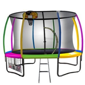 Kahuna 12ft Outdoor Trampoline Kids Children With Safety Enclosure Pad Mat Ladder Basketball Hoop Set – Rainbow