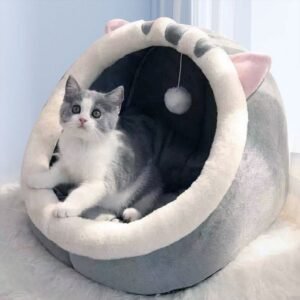 Gray Half-Enclosed Cat Bed – Soft Short Velvet Fabric with Sponge + PP Cotton Filling, M Size (35x35x30cm)