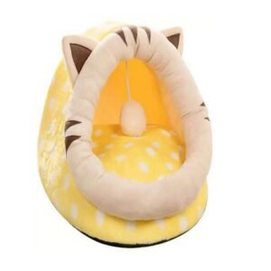 Yellow Half-Enclosed Cat Bed – Soft Short Velvet Fabric with Sponge + PP Cotton Filling, S Size (28x28x30 cm)