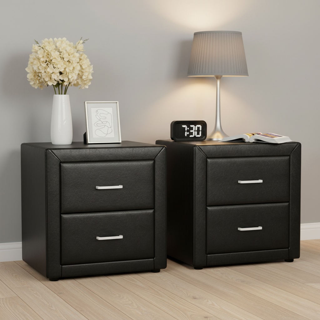 Artiss 2X Bedside Table 2 Drawers Side Table Leather - CADEN Black 2 BFRAME E BSIDE BKX2 202510301616 00