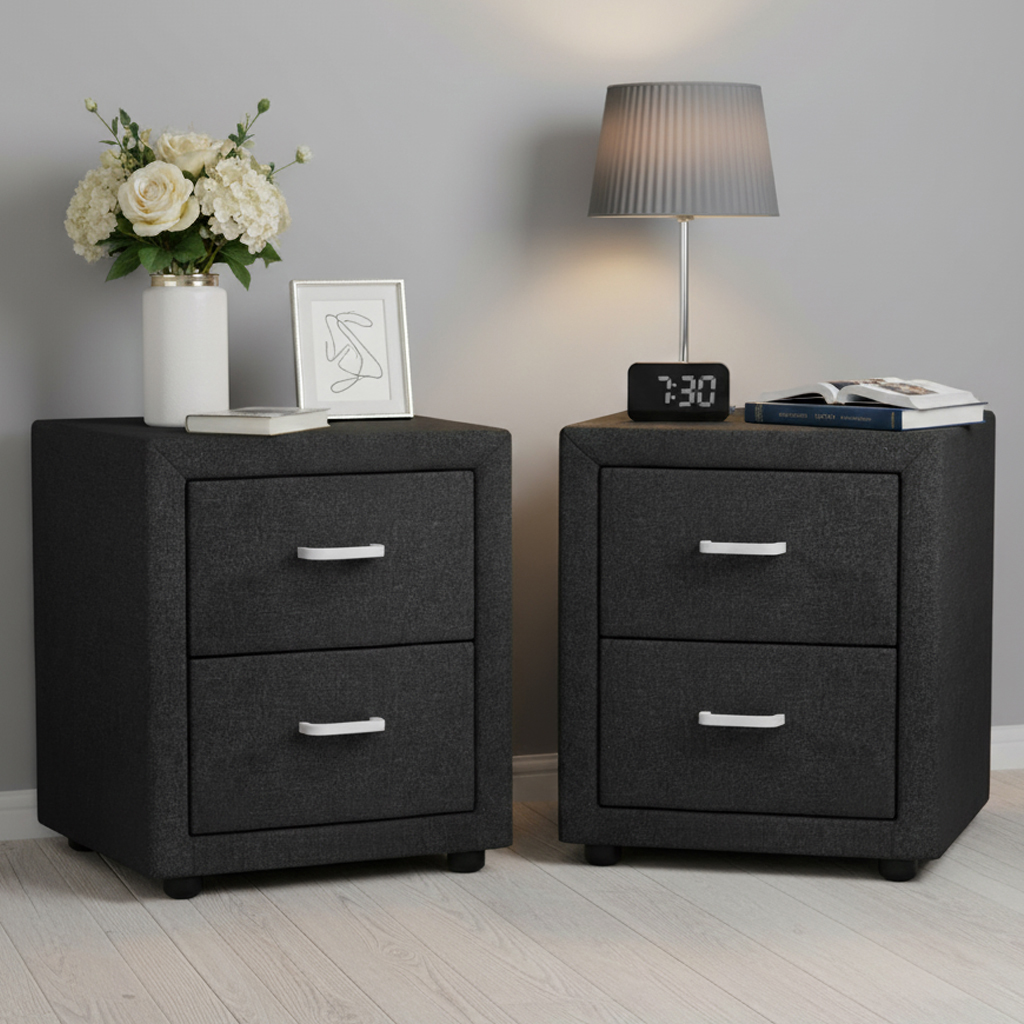 Artiss 2X Bedside Table 2 Drawers Fabric – CADEN Charcoal