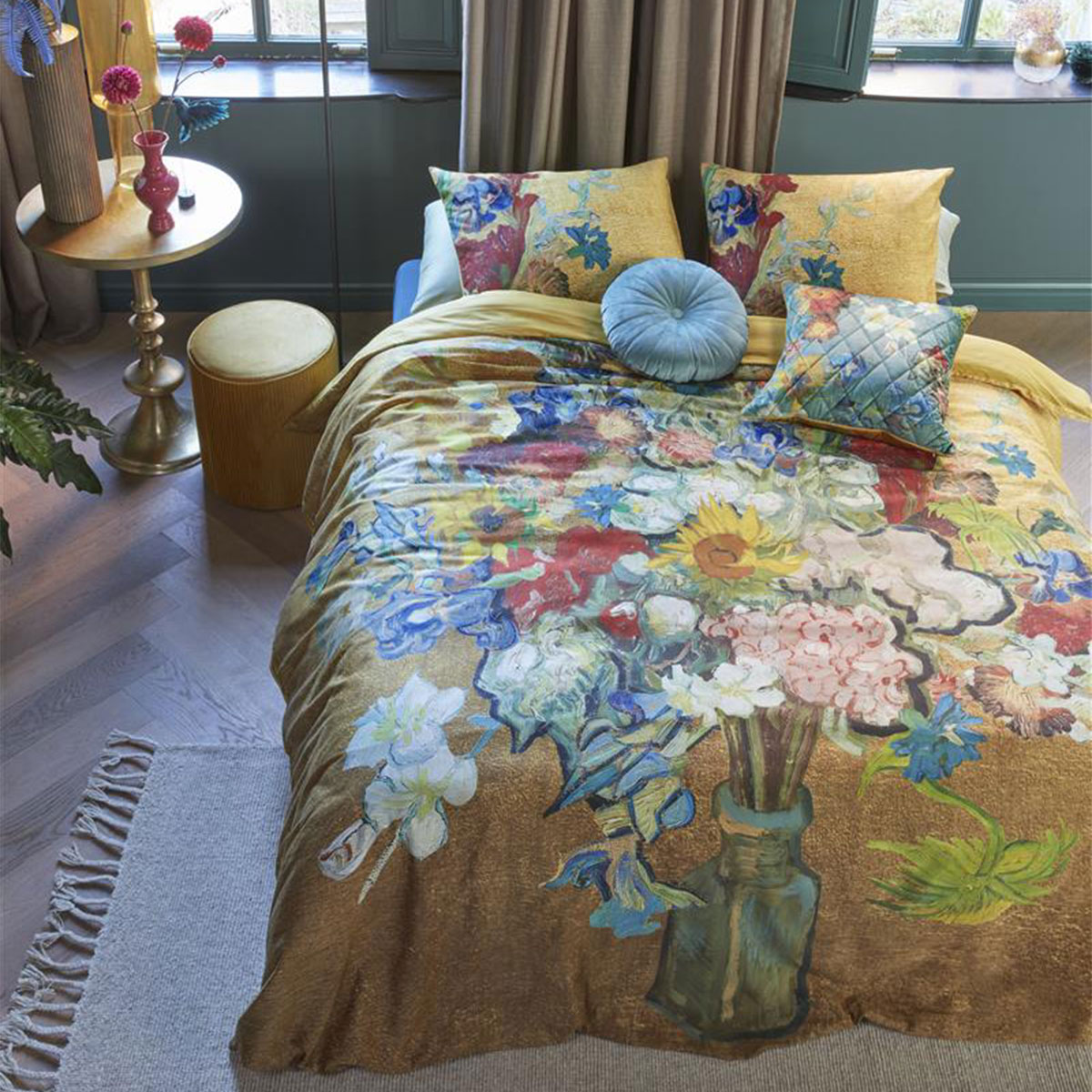 Bedding House Van Gogh Bouquet d’Anniversaire Gold Cotton Sateen Quilt Cover Set King