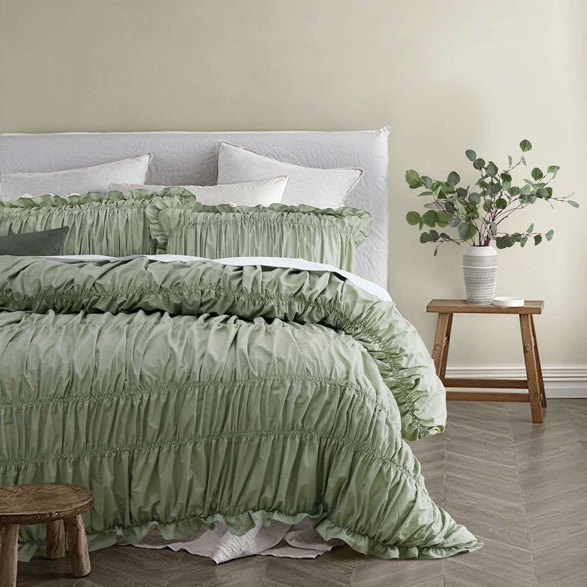 Vintage Design Homewares Haven Sage Washed Cotton Ruched Quilt Cover Set Single