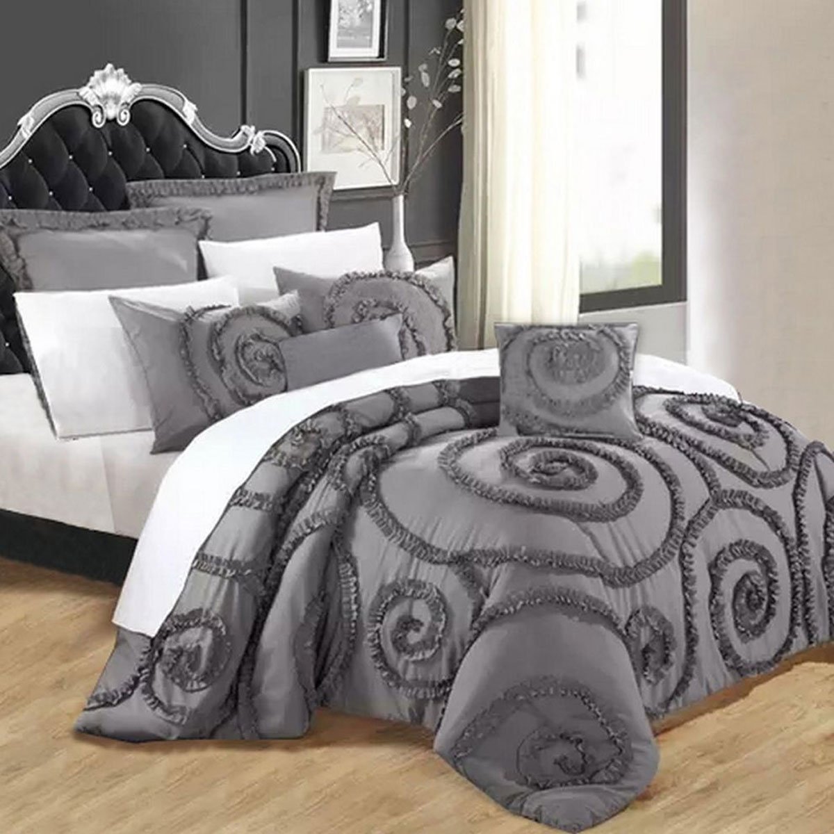 V442 KIT COMFORTER 7PCSFLORAL CHARCOAL QS 173707 00