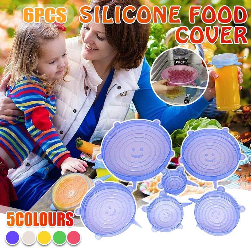 6PCS Stretch Reusable Silicone Food Saver Cover Seal Insta Lids Bowl Wraps - Green 2 V528 6PCS COVER GREEN 476281 202510012009 00
