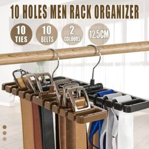 10 Slot Tie and Belt Hanger for Wardrobe Mens Closet Rack Organiser Hook – Black