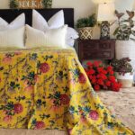 Mustard Peony Kantha Bedspread Coverlet - Mustard (King - 228 cm x 274 cm)