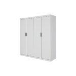 4 Door White Wardrobe Cabinet – Hanging Rail, Shelves & Black Handles
