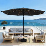 Instahut Outdoor Umbrella 2.9m Market Umbrella with Base String Light Black