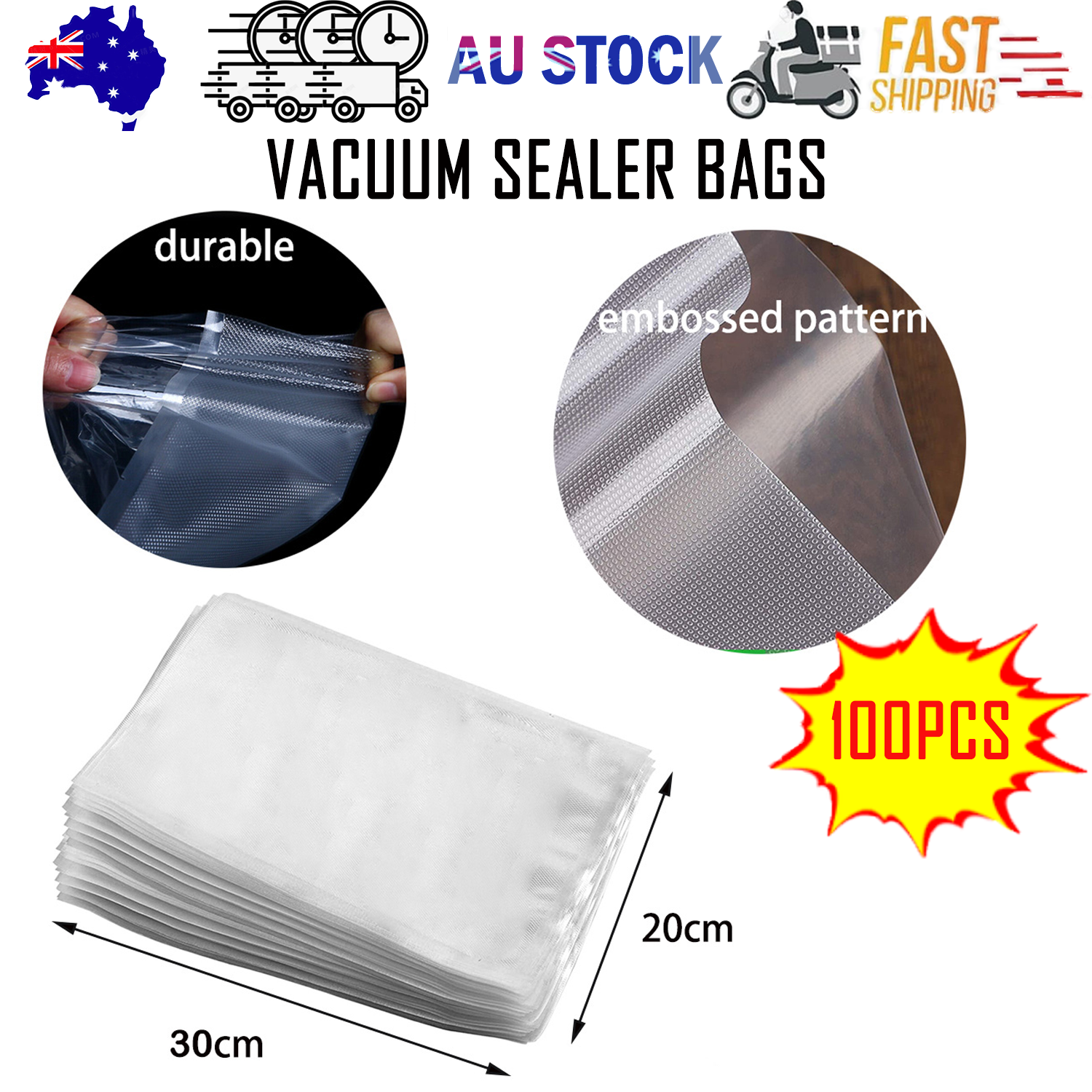 100X Vacuum Sealer Bags Precut Food Storage Saver Heat Seal Cryovac BPA-Free 20x30cm 2 V201 W12783749 202504221222 00