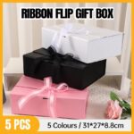 Elegant Ribbon Flip Folding Gift Boxes Multiple Colors High-Quality Cardboard - Pink