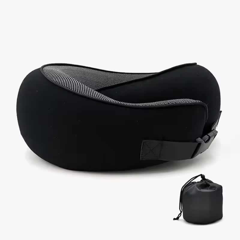 Black Buckle Tape Memory Foam U-Shaped Neck Pillow – Snail Travel Cushion for Airplane, Office Nap, and Travel – Adjustable with Magnetic Therapy Cloth