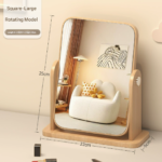Square Rotating Mirror Tabletop Makeup Mirror - Large Wooden Swivel Vanity Mirror for Desk