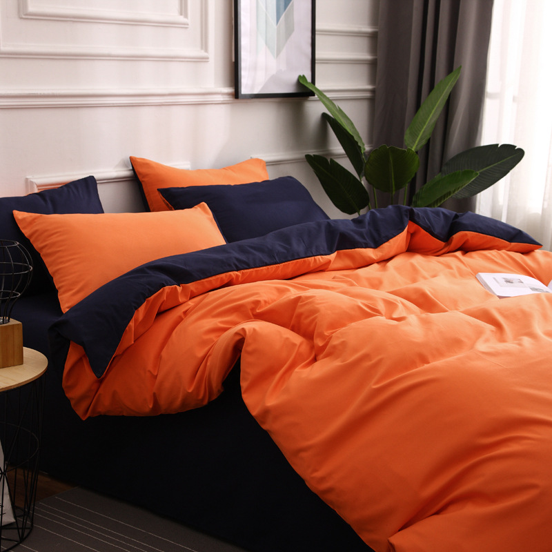 Dark Blue And Orange Stitching Ultra-Soft Solid Color 4-Piece Bedding Set – Queen Size(Suitable for 2m bed)