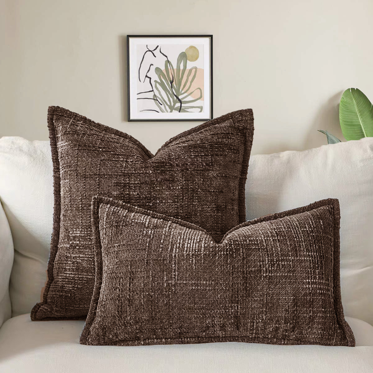 Coffee Chenille Crosshatch Textured Pillow Covers Set of 2 – Modern Minimalist Sofa Bed Cushion Covers 45x45cm & 30x50cm(without pillow core)