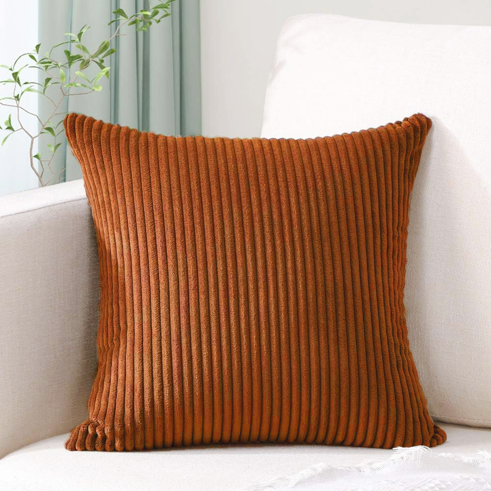 Brick Red Plush Striped Pillow Covers 45x45cm – Set of 4 Corduroy-Style Cushion Covers with Invisible Zipper, Soft and Washable for Sofa Decor