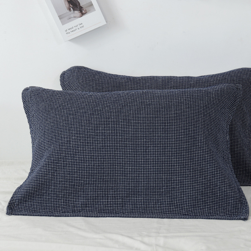 Dark Blue Breathable 4-Layer Cotton Gauze Pillow Towel Pair – Japanese Style Grid (52x75cm)