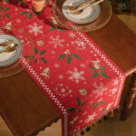 Red Christmas Table Runner with Tassels - Festive Snowflake & Bell Print (35*220cm)