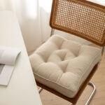 Beige Soft And Thick Seat Cushion - Cotton Linen Blend Chair Pad with Ties - 43x43cm