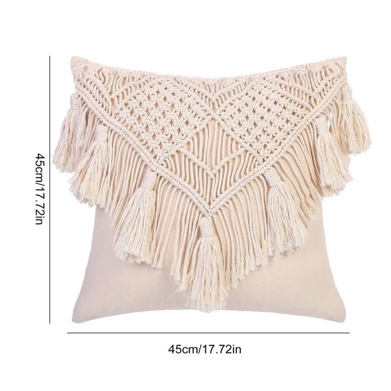 Beige Boho Chic Macrame Cushion Cover – Handmade Woven Cotton Linen Pillow Case with Tassels – Decorative Throw Pillow Sham 45x45cm (Cover Only)