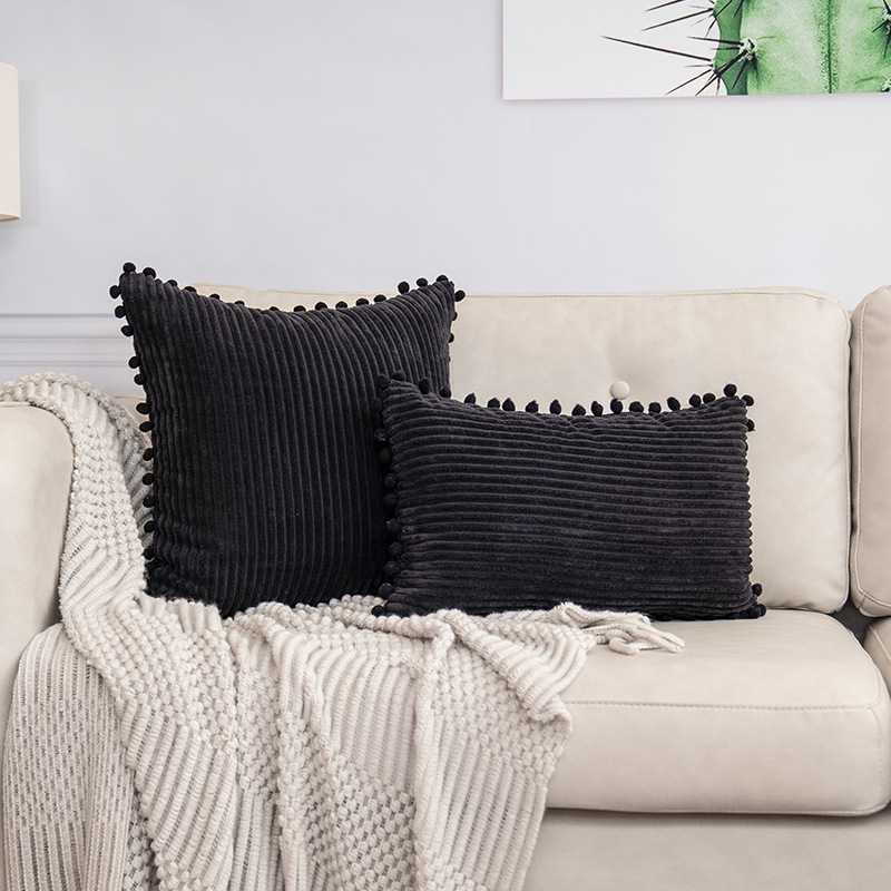 Black Soft Corduroy Cushion Cover Set (1 Square + 1 Rectangular) with Pom Pom Trim – Decorative Throw Pillow Cases for Sofa Couch