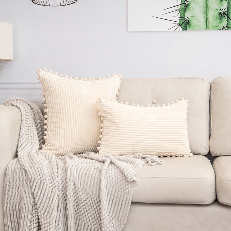 Beige Soft Corduroy Cushion Cover Set (1 Square + 1 Rectangular) with Pom Pom Trim – Decorative Throw Pillow Cases for Sofa Couch