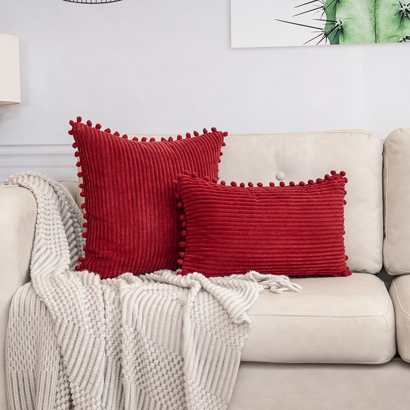 Red Soft Corduroy Cushion Cover Set (1 Square + 1 Rectangular) with Pom Pom Trim – Decorative Throw Pillow Cases for Sofa Couch