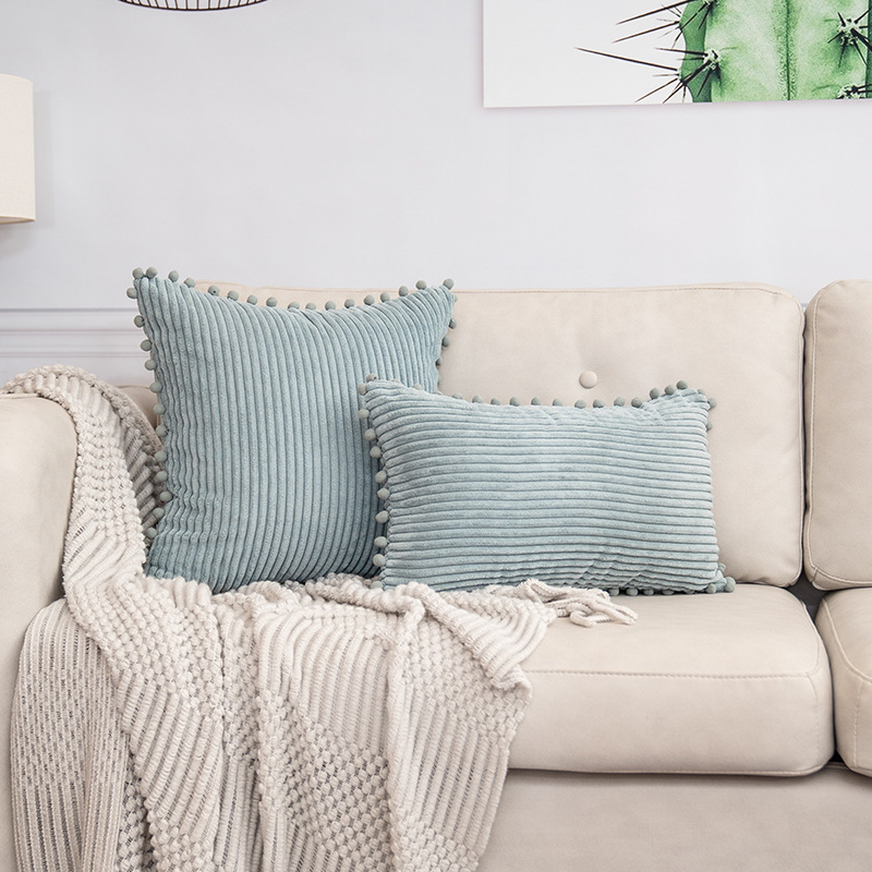 Blue Soft Corduroy Cushion Cover Set (1 Square + 1 Rectangular) with Pom Pom Trim – Decorative Throw Pillow Cases for Sofa Couch
