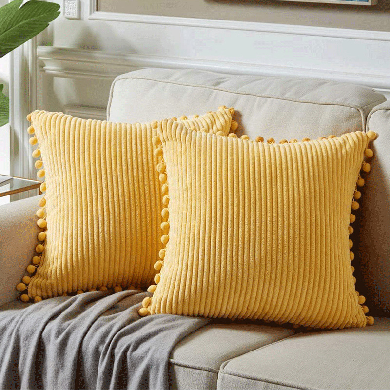 Yellow Soft Corduroy Cushion Covers with Pom Pom Trim – Set of 2 Decorative Throw Pillow Cases for Sofa Couch Bed, 45x45cm
