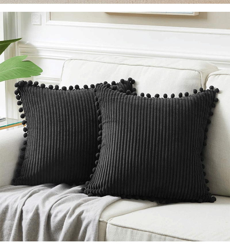 Black Soft Corduroy Cushion Covers with Pom Pom Trim – Set of 2 Decorative Throw Pillow Cases for Sofa Couch Bed, 45x45cm