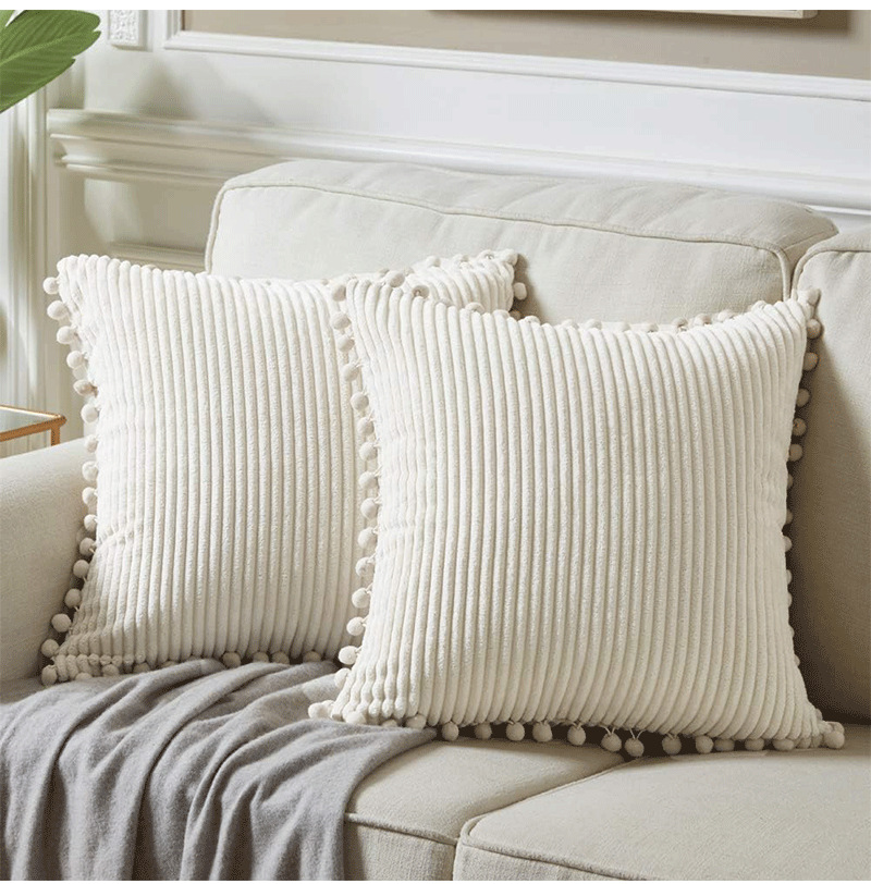 White Soft Corduroy Cushion Covers with Pom Pom Trim – Set of 2 Decorative Throw Pillow Cases for Sofa Couch Bed, 45x45cm