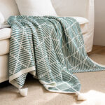 Green and Beige Diamond Pattern Soft Cozy Knit Throw Blanket with Tassels - Geometric Pattern Lightweight Acrylic Blanket for Sofa Couch Bed, 130x150cm