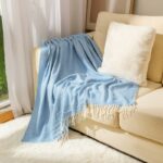 Blue Elegant Herringbone Tassel Throw Blanket - Large Acrylic Faux Cashmere Soft Cozy Blanket for Sofa, Bed & Decor (130x240cm)