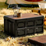 Gardeon Collapsible Outdoor Storage Box 50L Stackable Folding Camping Organizer Plywood Lid Black