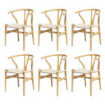 1 Set of 6 Artiss Dining Chairs Wooden Rattan Seat Wishbone Back