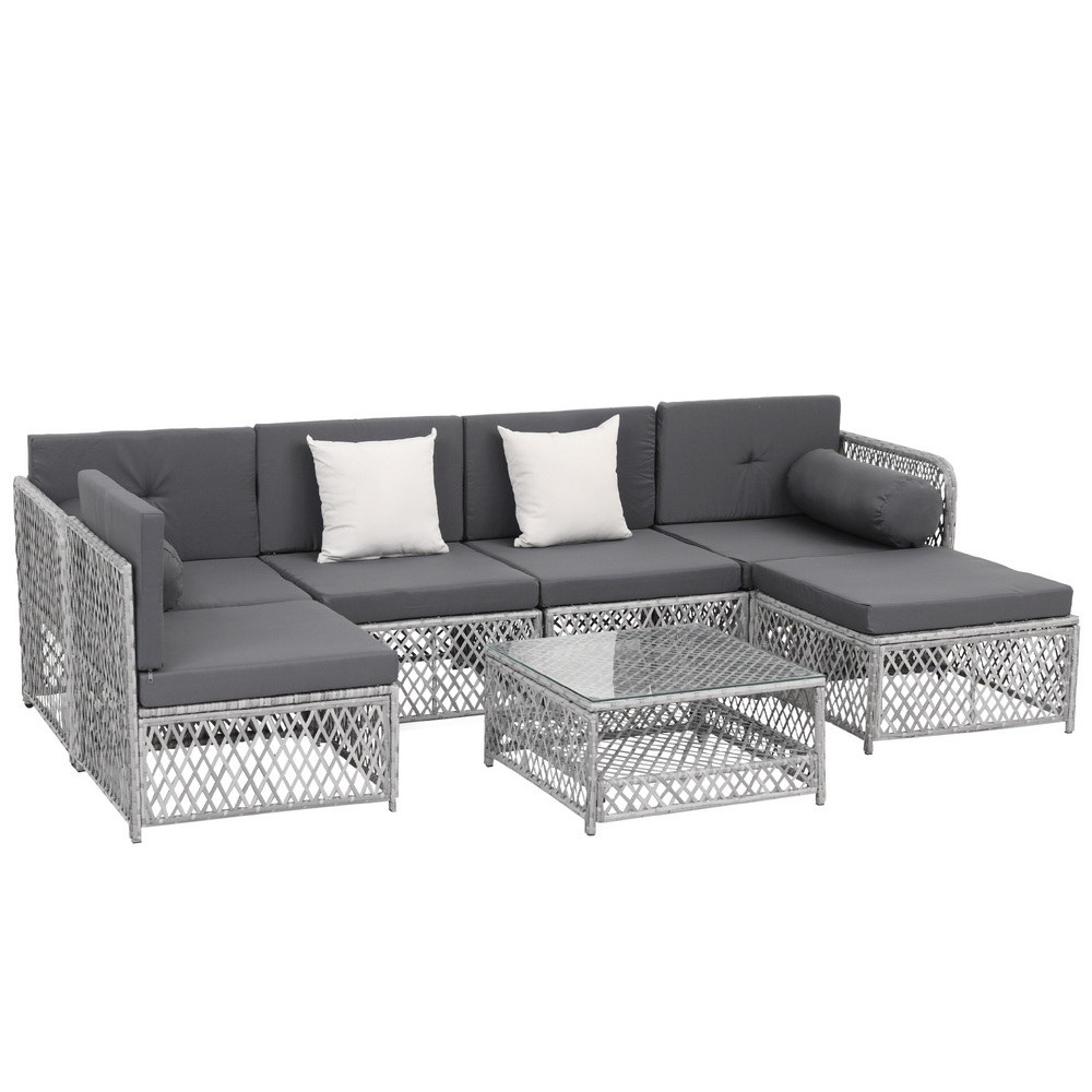 Gardeon 6 Seater Outdoor Sofa Set 7PCS Table Chair Set Garden Rattan Patio Furniture