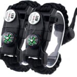 21 in 1 Survival Bracelet, Paracord Emergency Outdoor Sports Wristband Kit Waterproof Compass, SOS LED Light, Thermometer, Rescue Whistle, Fire Starter. Multi 21 Tools (Black 2 Pc)