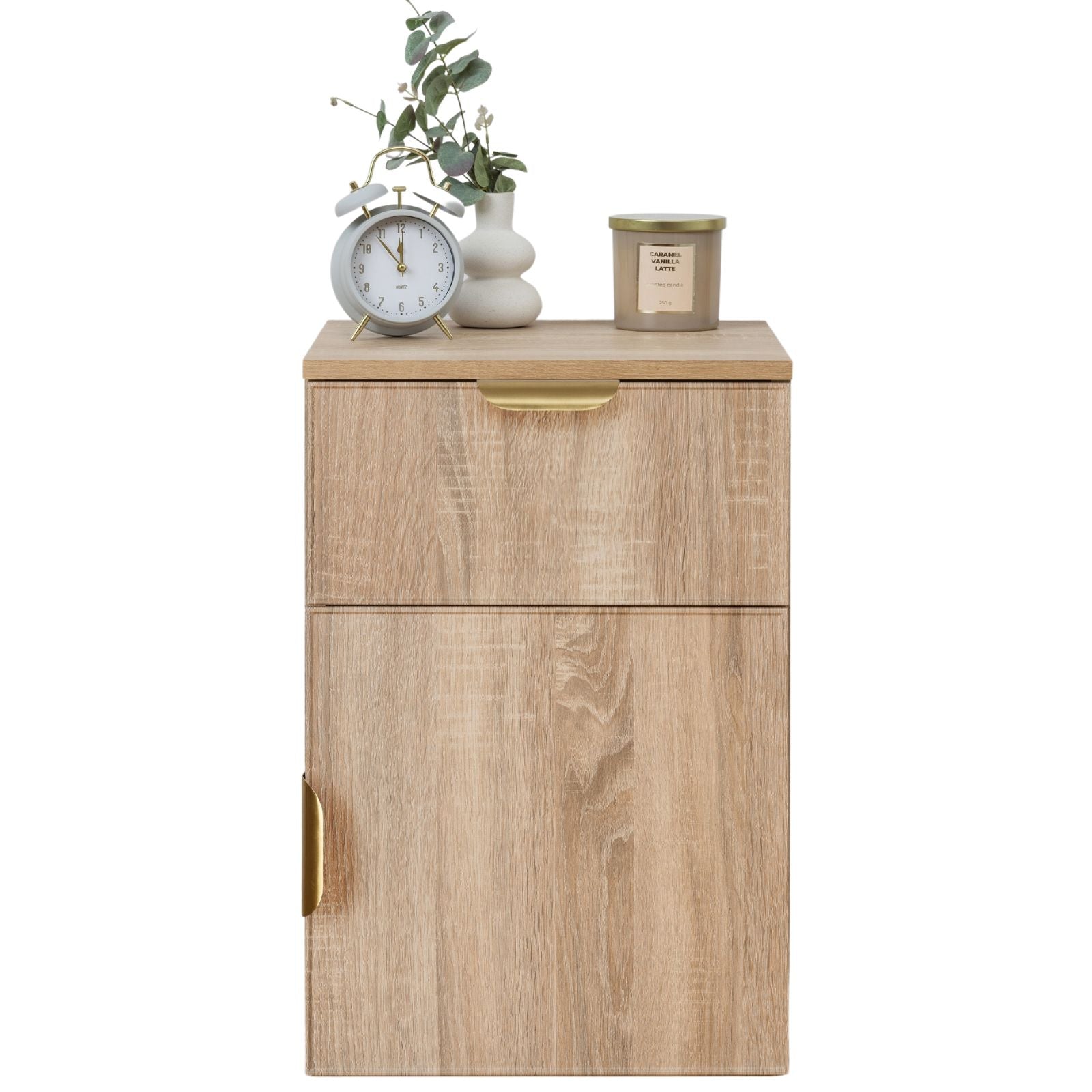 PORTO BEDSIDE TABLE – NATURAL OAK – SLIM – PULL BRASS