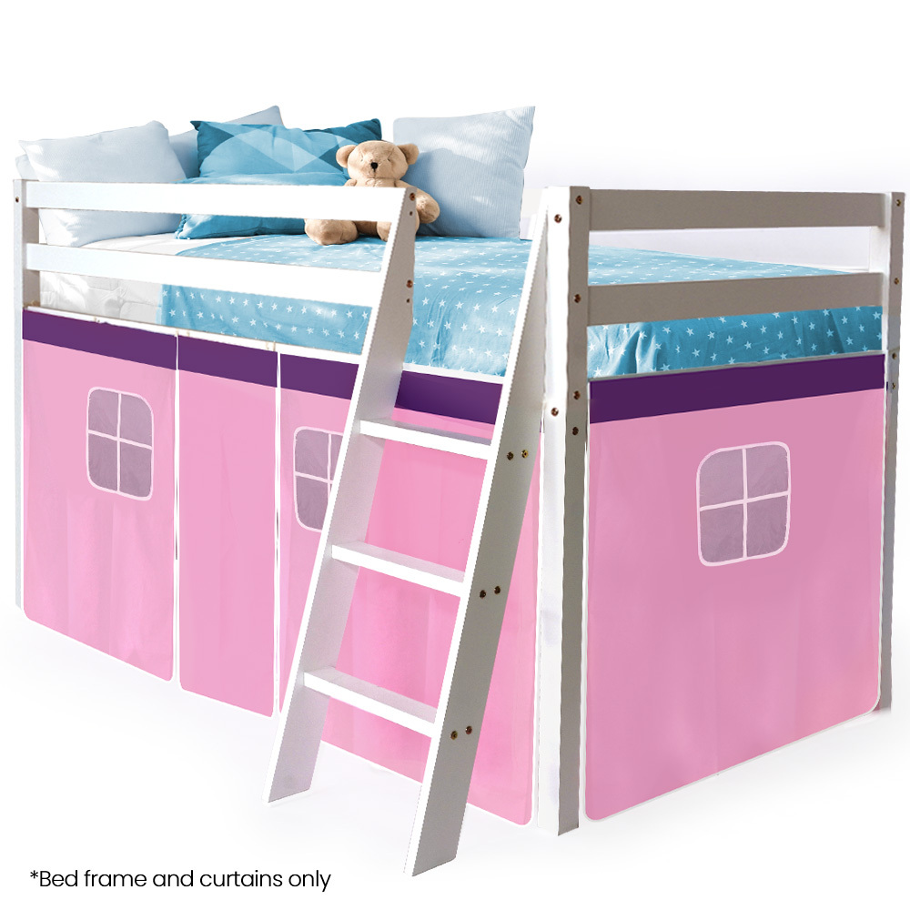 Kingston Slumber Wooden Kids Single Loft Bed Frame – Hiding Space Underneath with Interchangeable Pink and Blue Curtains