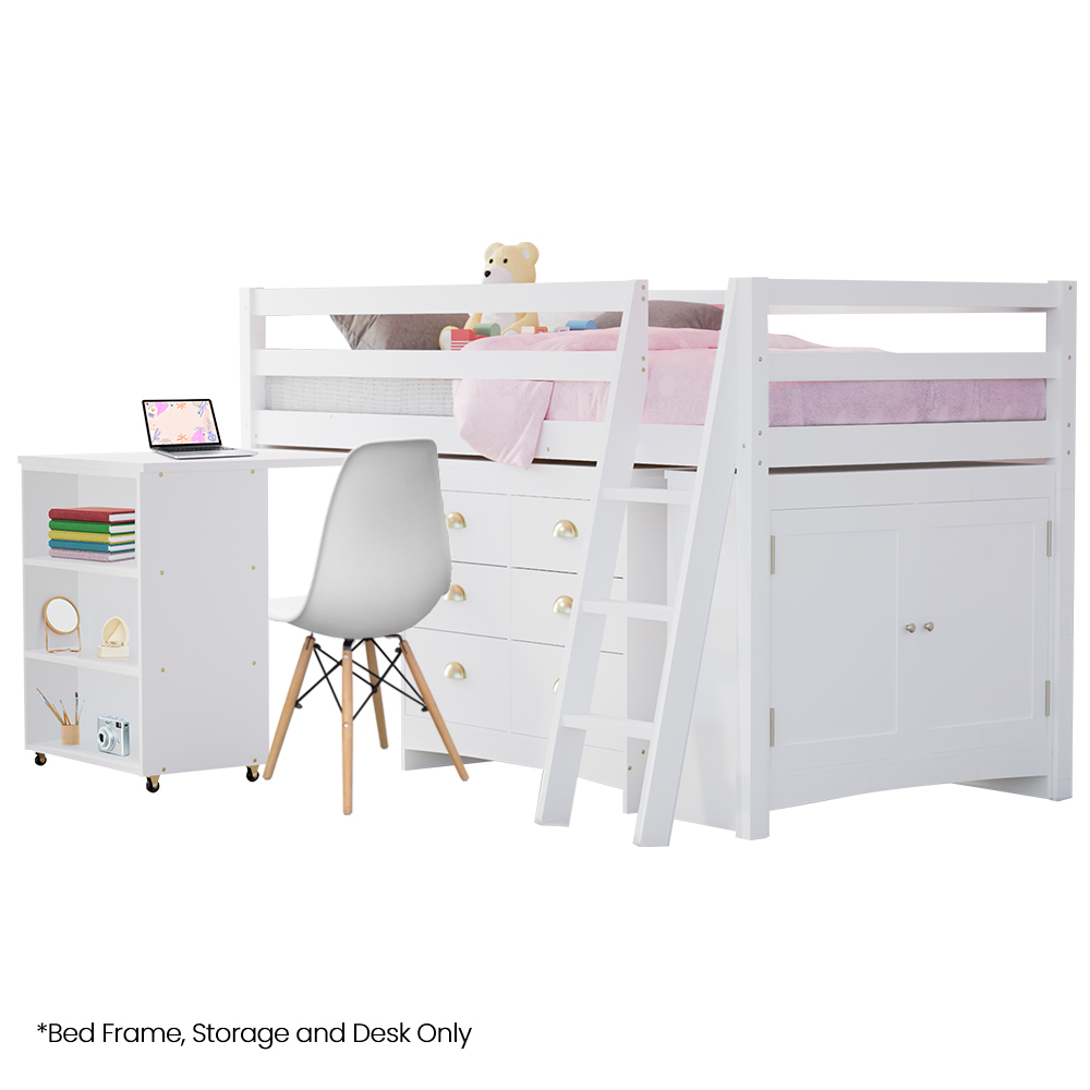 KINGSTON SLUMBER Wooden Kids Single Loft Bed Frame with Pull Out Desk, Storage Drawers, Cabinet – White