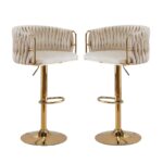 2x Height Adjustable Ivory Swivel Bar Stool Velvet Golden Round Base Barstools Chairs