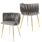 SERENITà Grey Modern Hand Weaving Dining Chairs,Velvet Upholstered Side Chairs with Gold Legs, Chic Vanity Chairs with Armrest, Accent Chair for Dining Room, and Cafe Set of 2