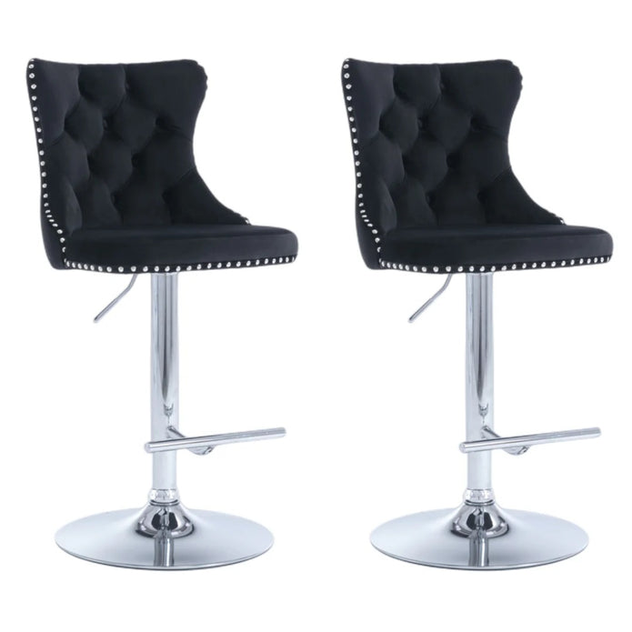 SERENITÃ Black Velvet Bar Stools Adjustable Swivel Counter Height Chairs with Tufted Back and Nailhead Trim for Kitchen Island Pub Restaurant (2Pcs, Chrome Metal)