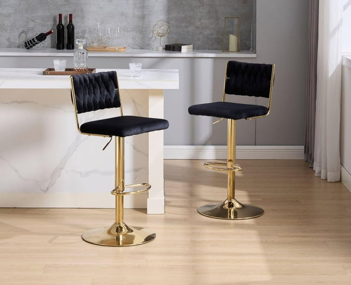 SERENITÃ 2x Velvet Bar Stools with Braided Back Elegant Kitchen High Chairs, Kitchen Island Stools Adjustable Height Swivel Bar Chairs with Gold Legs for Home-Black